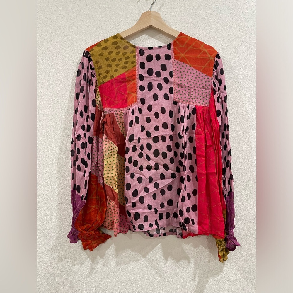 BOGO Anthropologie Pink Patchwork Polka Dot Peasant Blouse - Picture 6 of 12